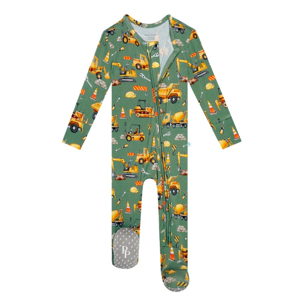 Posh Peanut Construction Footie Zippered One Piece in Crawford